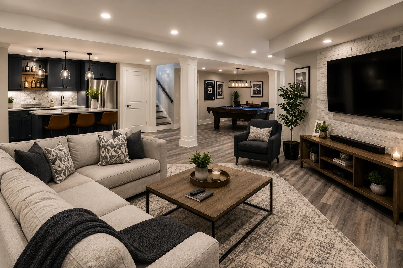 Finished basement family room with media wall, bar, and recreation area