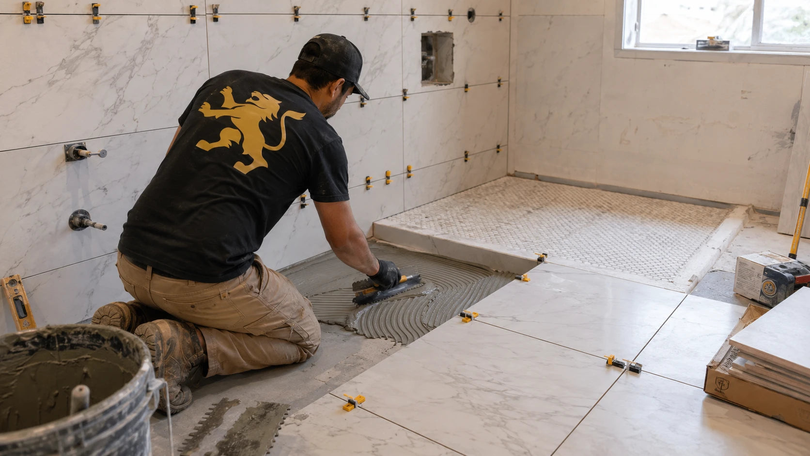 Bathroom tile installation in progress with large format tile, leveling clips, and a contractor installing tile professionally