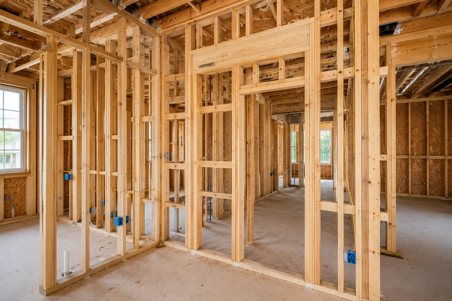 Clean residential wood framing with studs, headers, blocking, and door openings