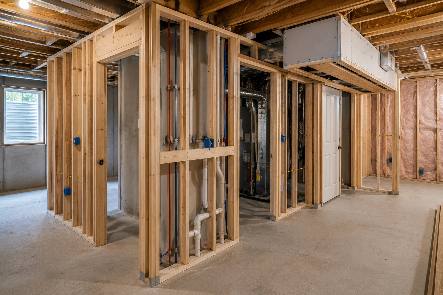 Basement framing around utility equipment, plumbing, ductwork, and interior partitions
