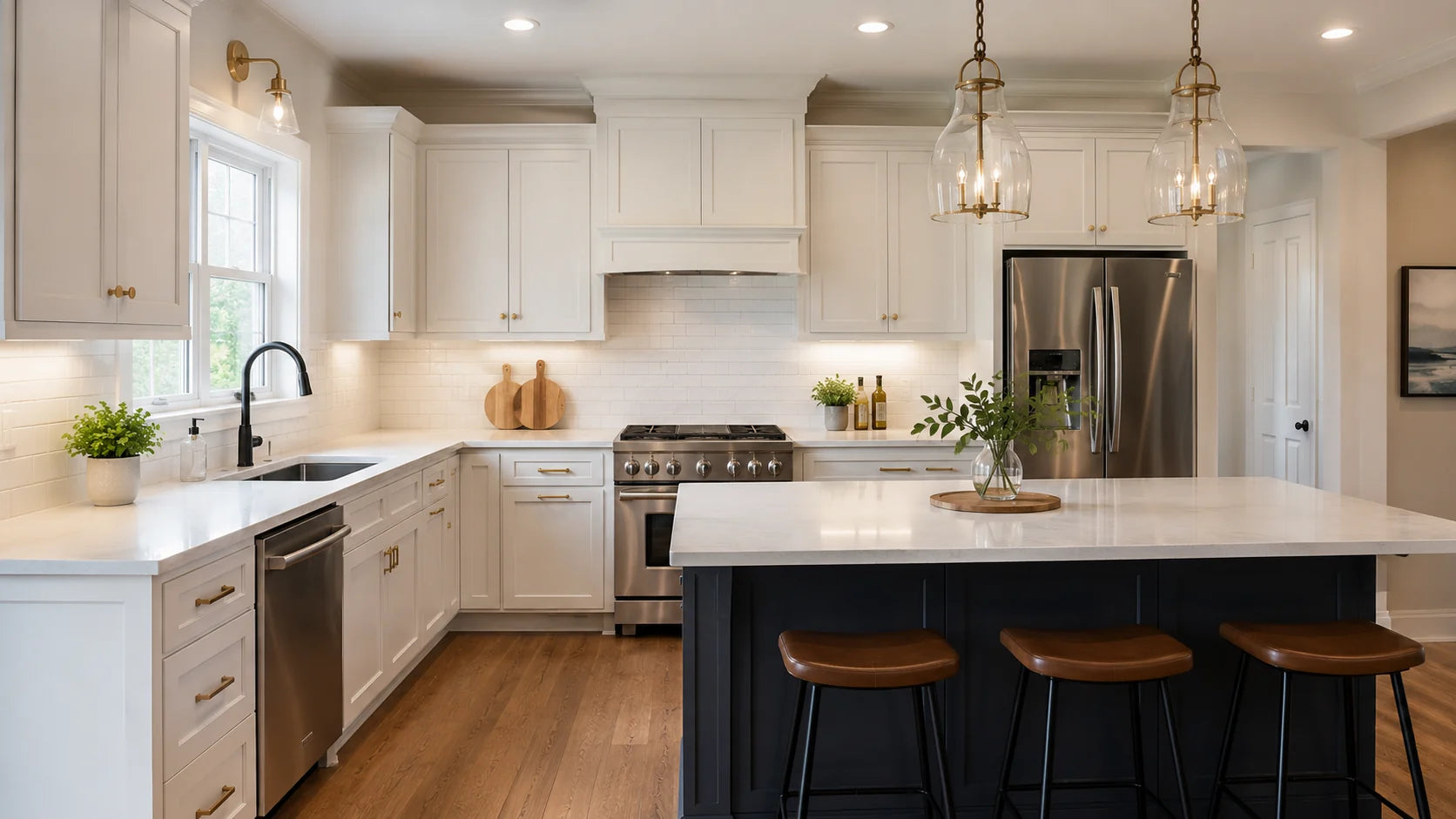 Finished professionally painted kitchen cabinets with a clean durable finish