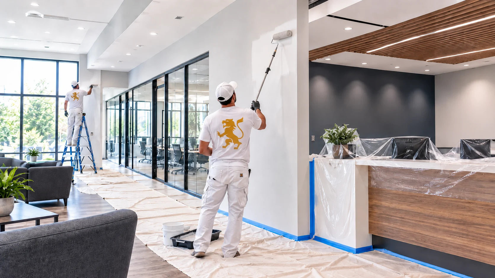 Big Cat painters working in a modern commercial office interior