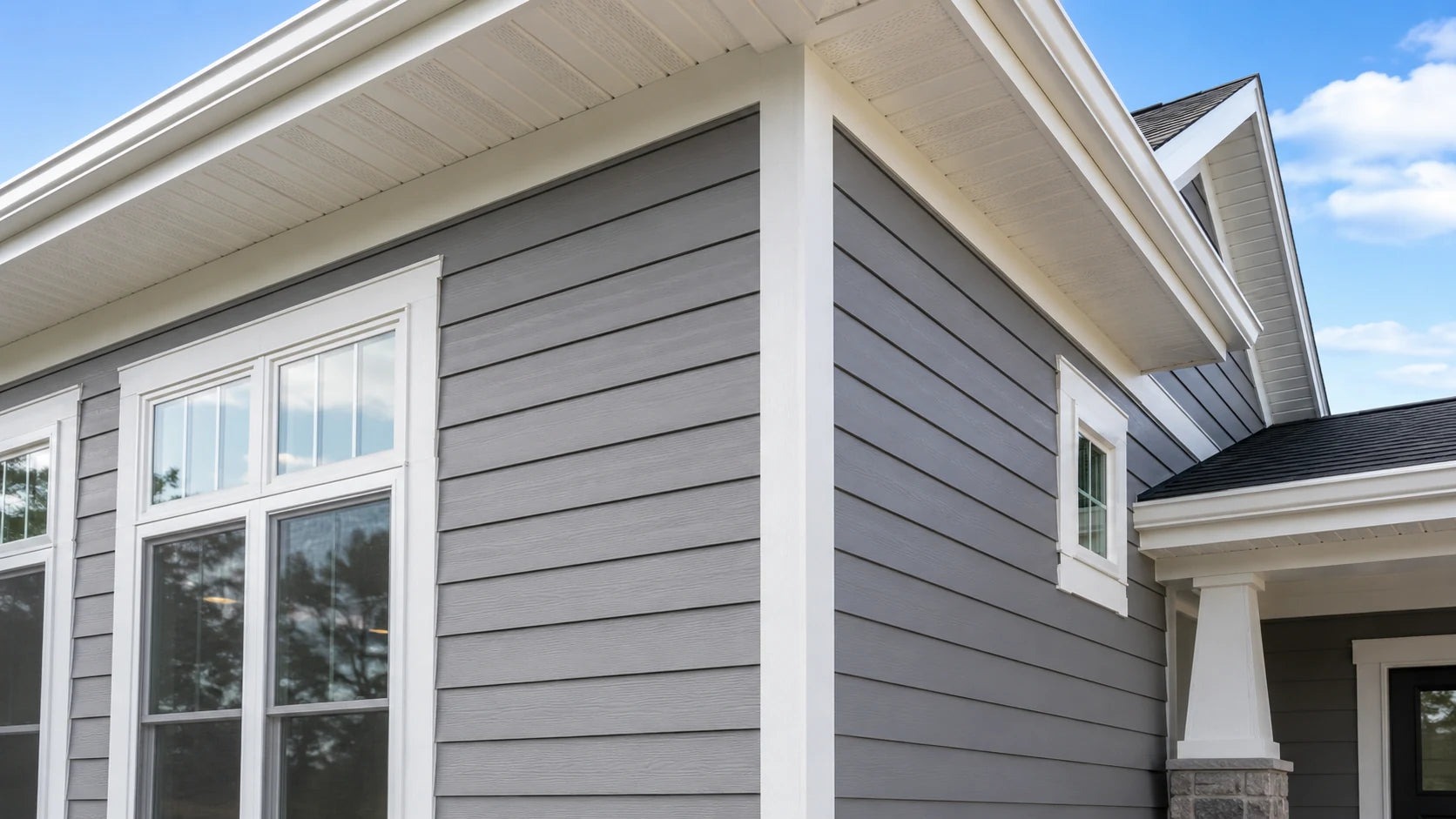 Close-up of siding corner trim, soffit, fascia, and window casing