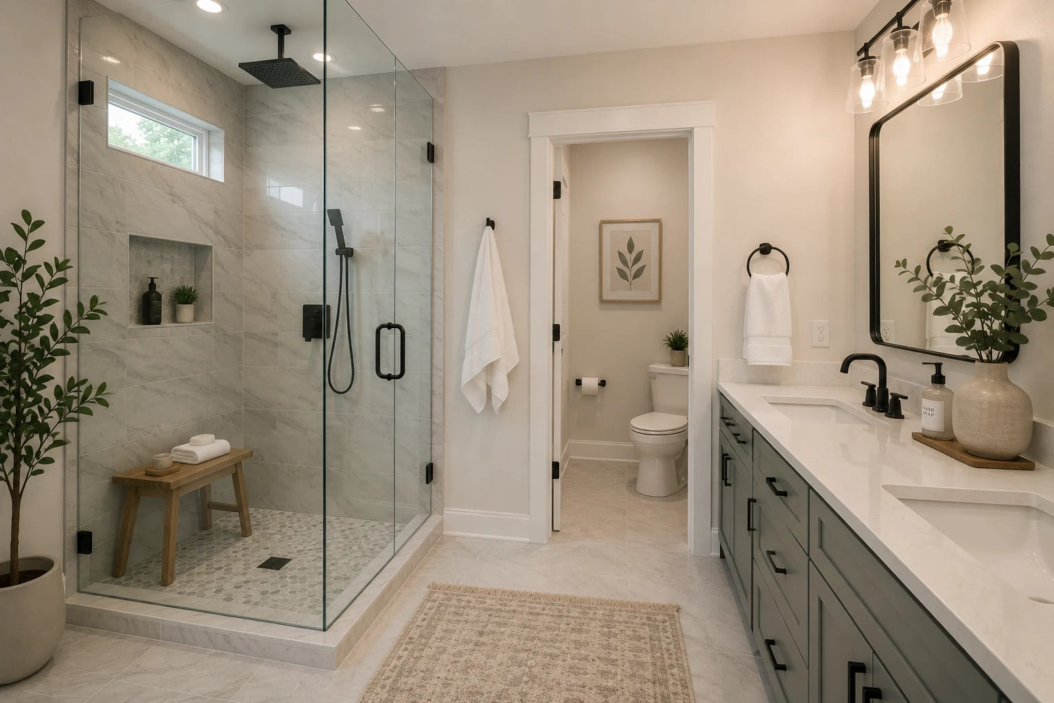 Modern bathroom with frameless shower, double vanity, and matte black fixtures