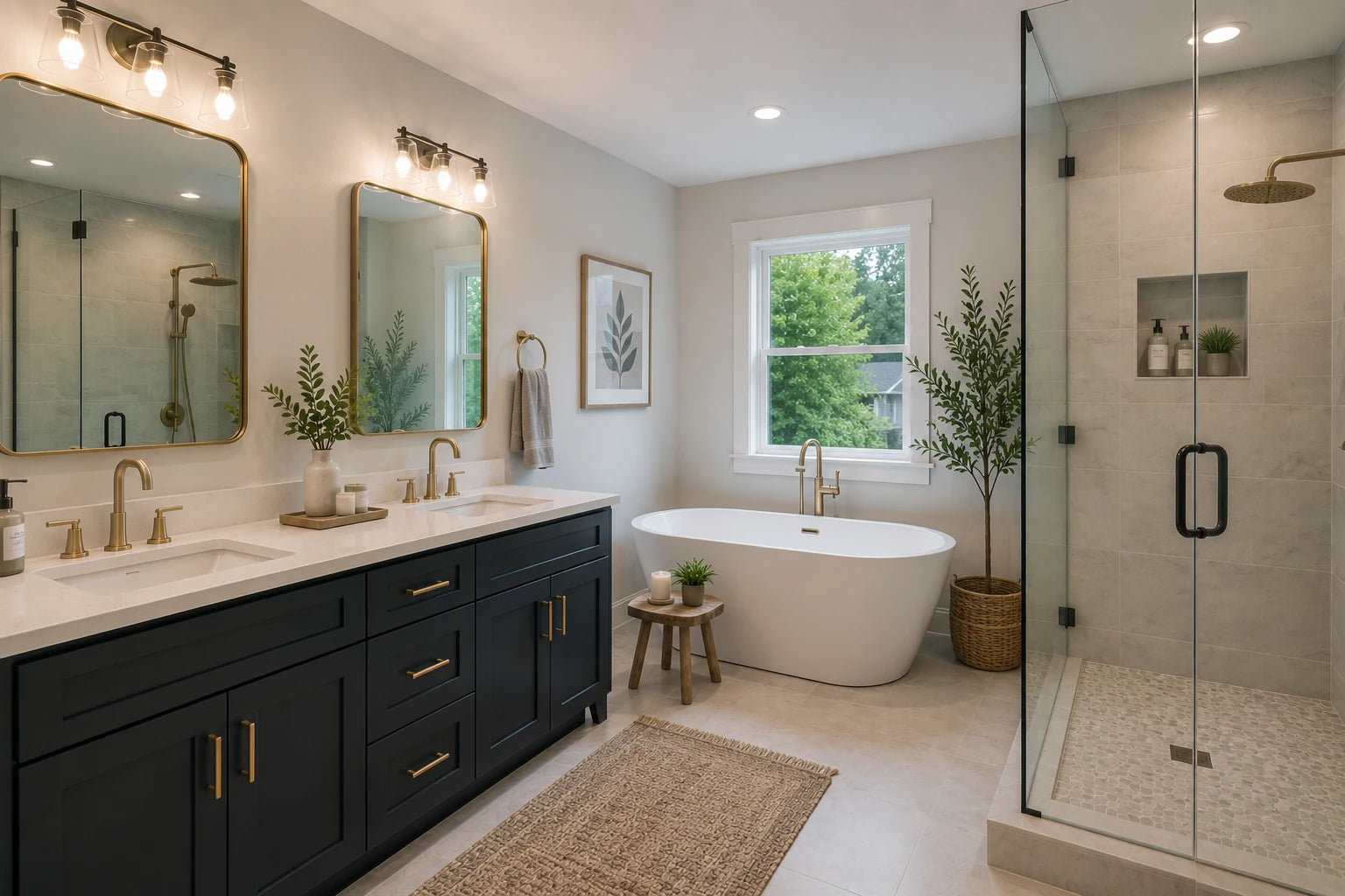 Bathroom renovation with navy vanity, freestanding tub, and glass shower