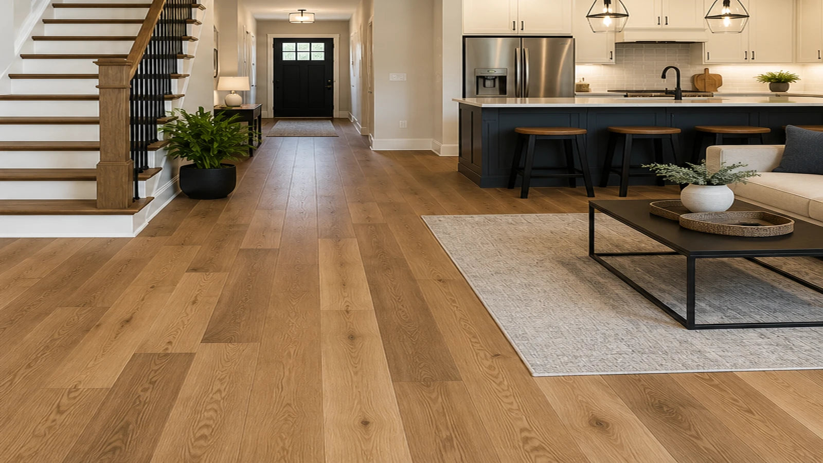 Close-up detail of newly installed wood-look luxury vinyl plank flooring with clean seams and trim transitions