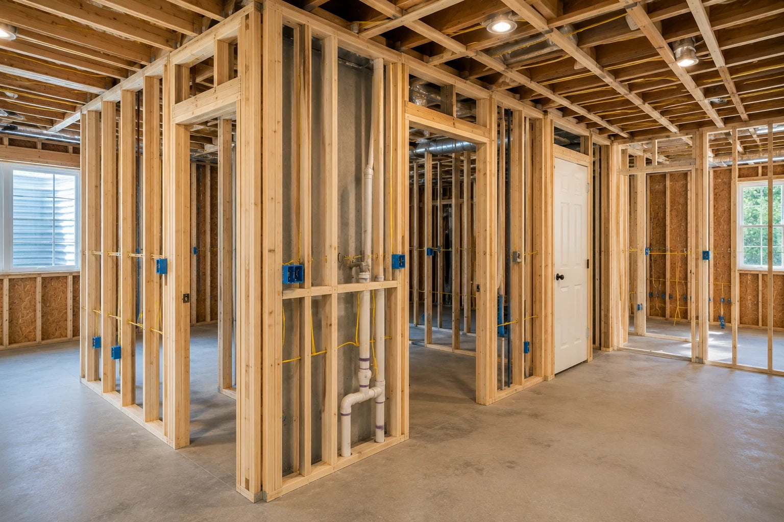 Completed framing with organized plumbing and electrical rough-ins ready for drywall