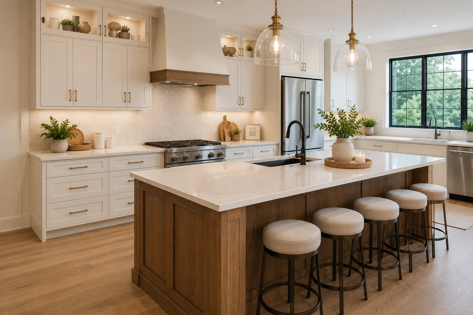 Finished high-end kitchen remodel with white cabinets, wood island, quartz counters, and professional appliances
