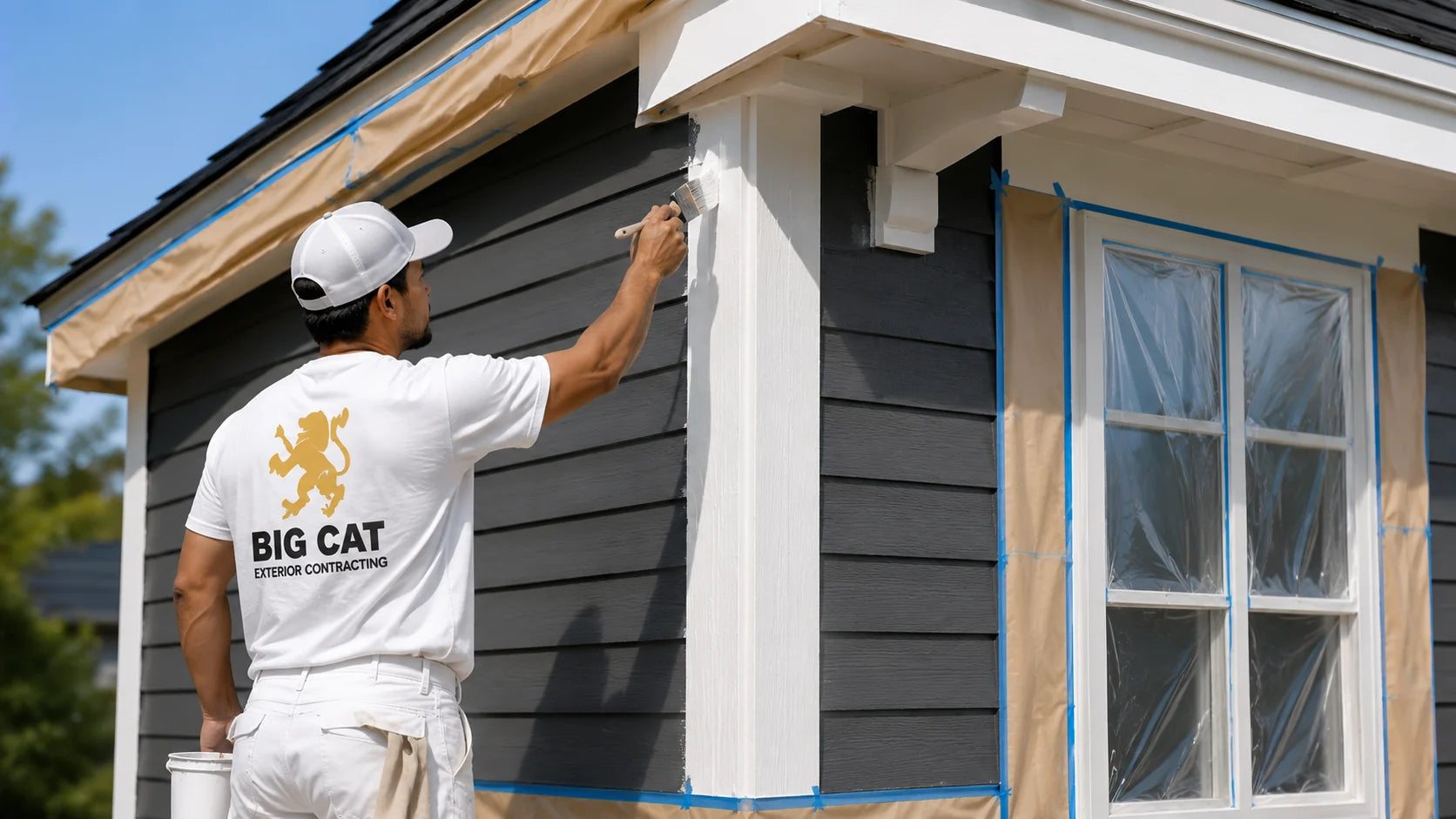 Big Cat painter applying exterior trim paint by brush