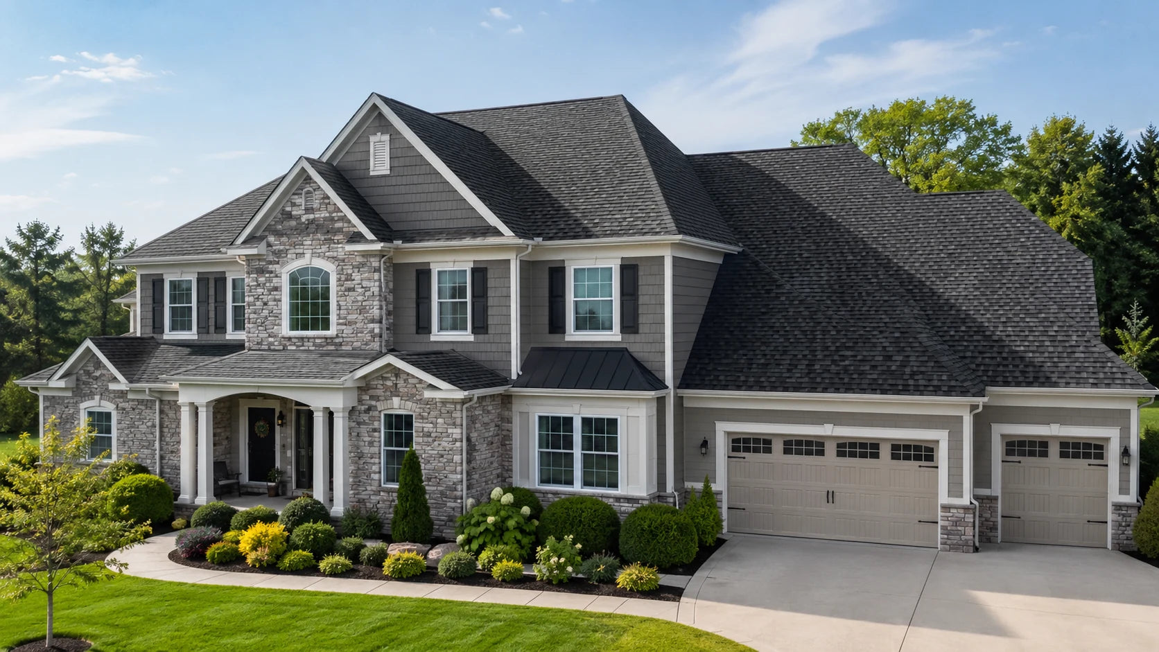 Completed residential roof replacement on a landscaped South Jersey home