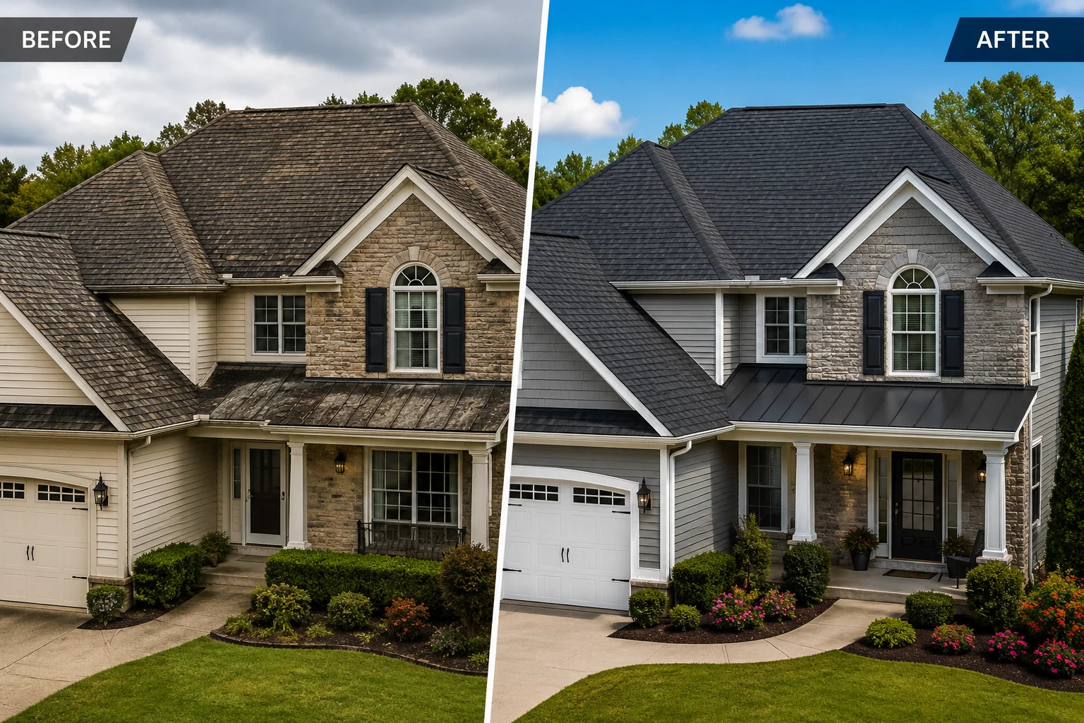 Before and after residential roof replacement comparison