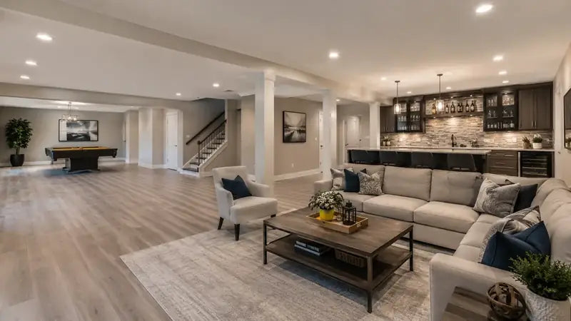 Open finished basement with a living area, bar and pool table