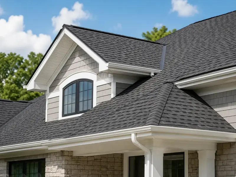 Dark asphalt shingle roof on a two-story house
