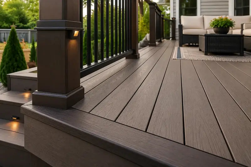 Composite deck boards with dark railing posts and trim