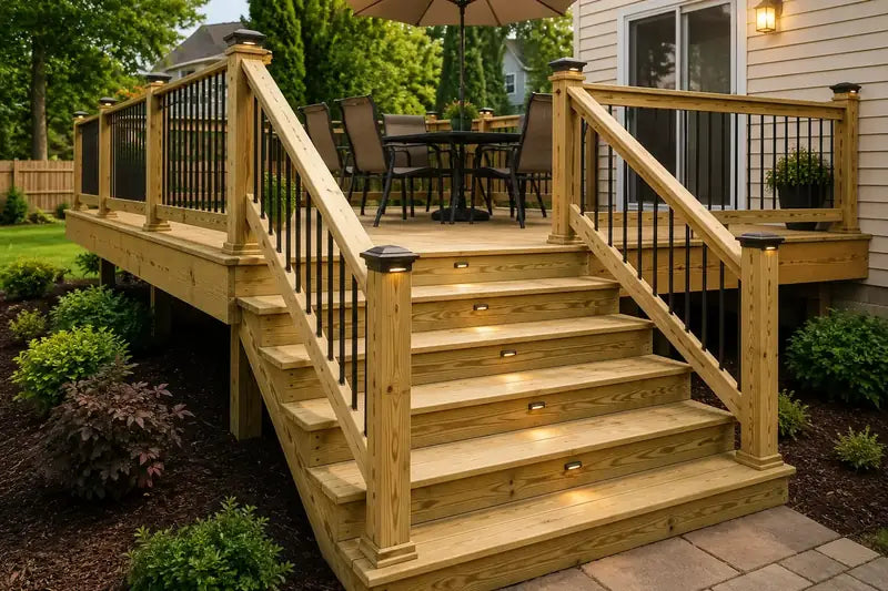 Pressure-treated wood deck with stairs, black balusters and post lights