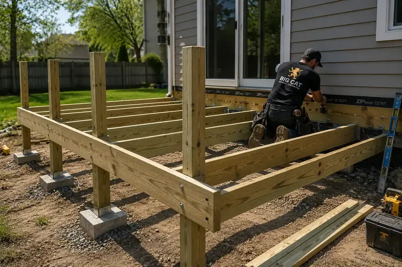 Deck frame under construction with posts, beams and joists