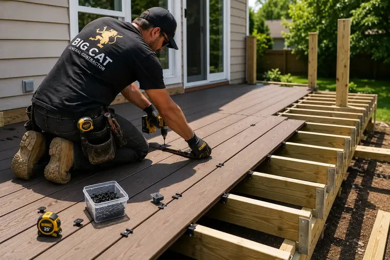 Installer fastening composite deck boards to the joists