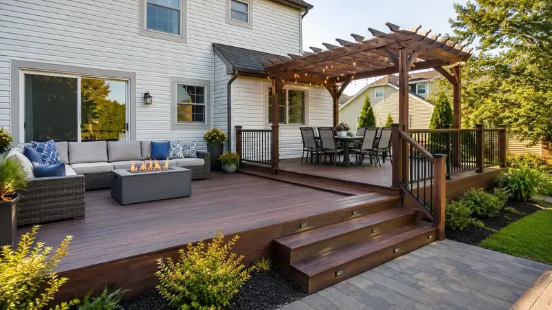 Backyard deck with a pergola, dining set, fire table and seating
