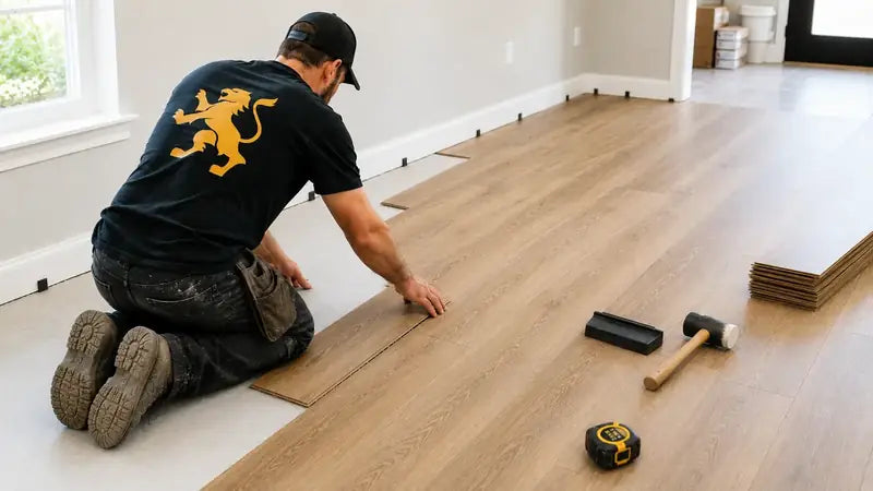 Installer laying wood-look plank flooring in a bright room