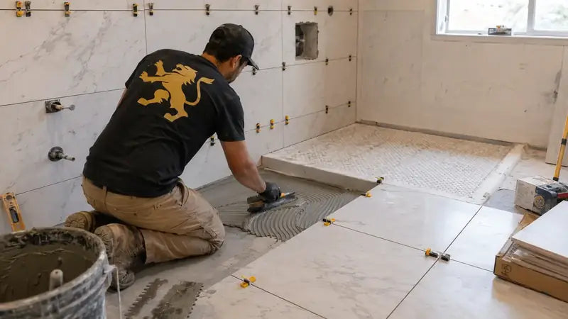 Installer setting large-format floor tile with leveling clips