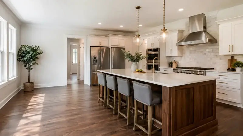 Open kitchen with a wood island, white counters, gray bar stools and hardwood floor