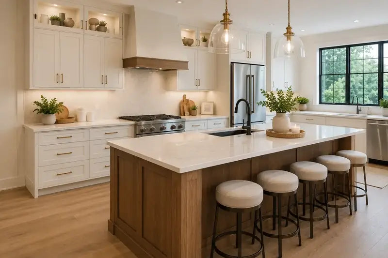 Kitchen with white cabinets, a wood island, pendant lights and stools