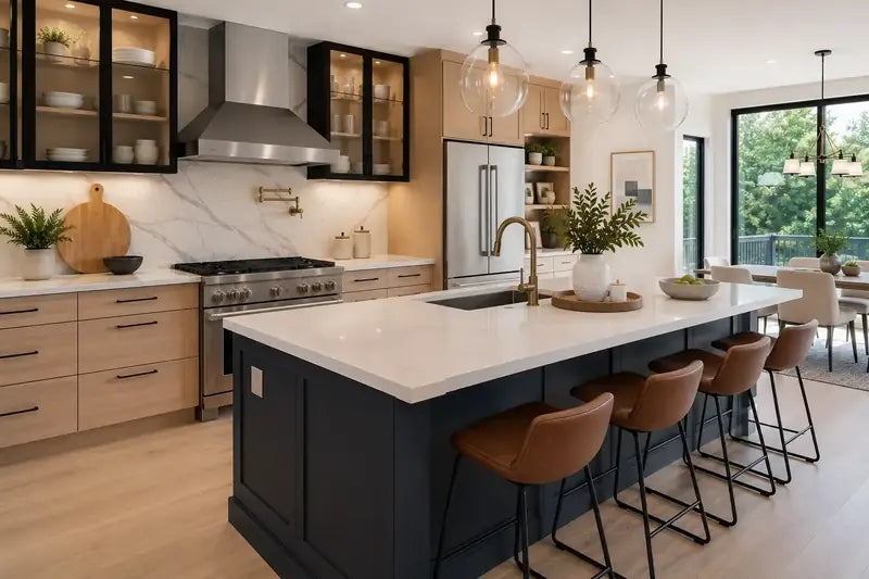 Kitchen with a navy island, light wood cabinets, glass-front uppers and leather stools