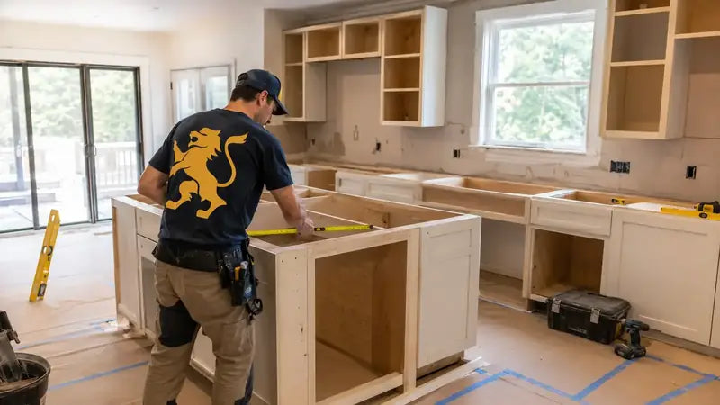 Worker measuring a kitchen island during cabinet installation