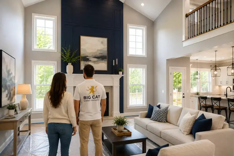 Painter and homeowner looking at a living room with a navy accent wall