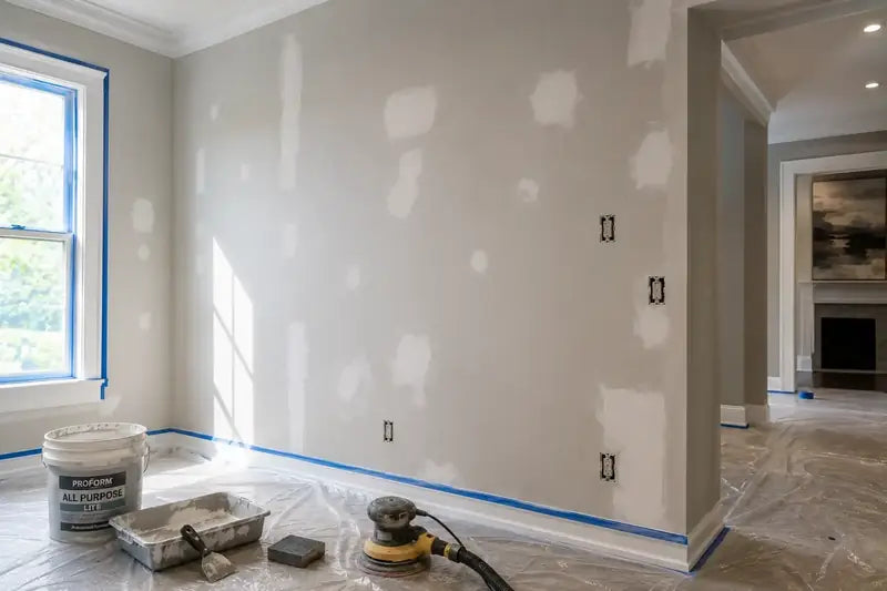 Wall with patched drywall spots, painter’s tape and a sander before painting