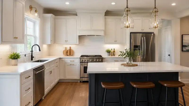 Kitchen with white painted cabinets and a navy island