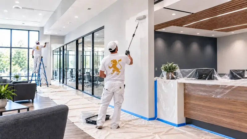 Painters rolling paint in a modern office interior