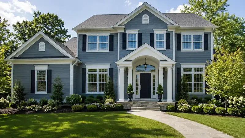 Two-story blue house with white trim, shutters and a front door