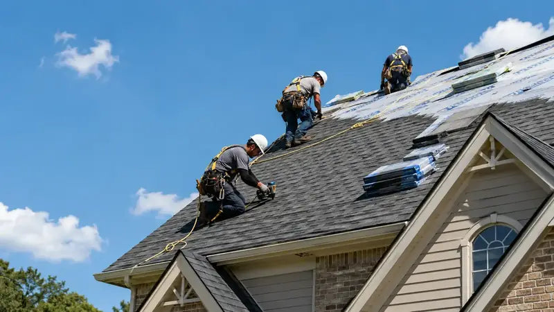 Roofers installing asphalt shingles on a steep roof
