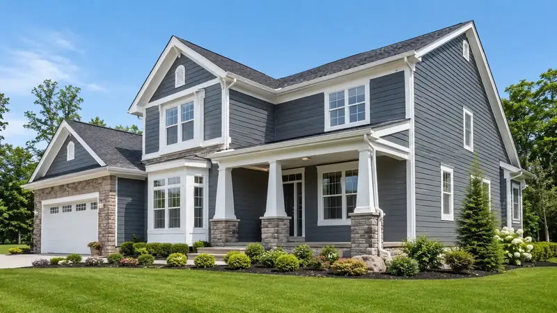 Two-story house with dark gray siding, white trim and stone porch columns