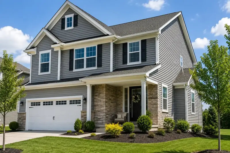 Two-story house with gray siding, white trim and an attached garage